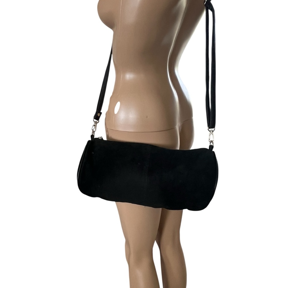 Bijoux Terner Black Suede cylinder bag adjustable leather crossbody strap